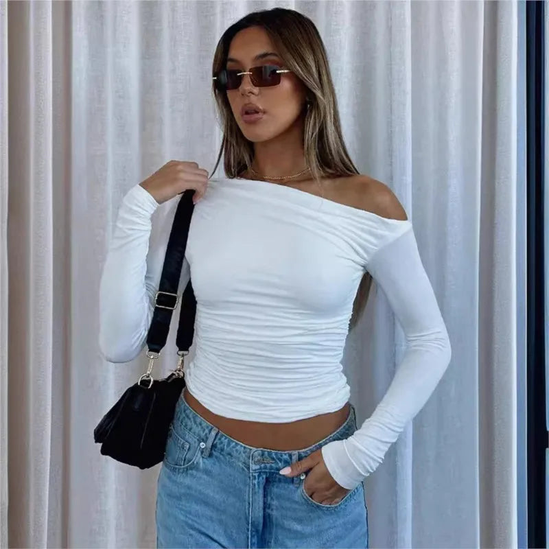 Oblique Shoulder Long Sleeve Pleated