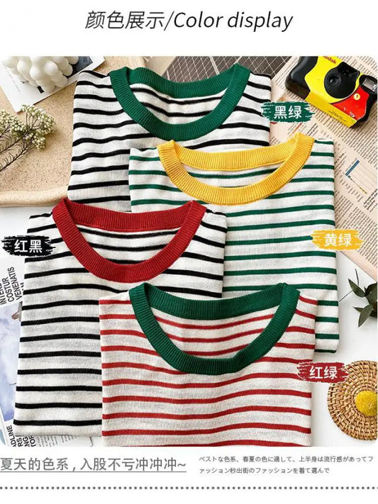 2025 Stripe Tops Women Knitted Round