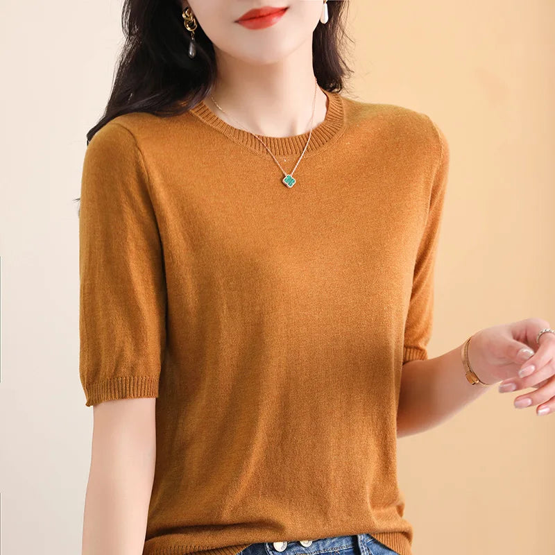Ladies Round Neck Worsted Thin T-shirt
