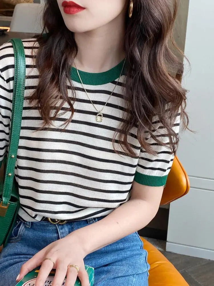 2025 Stripe Tops Women Knitted Round
