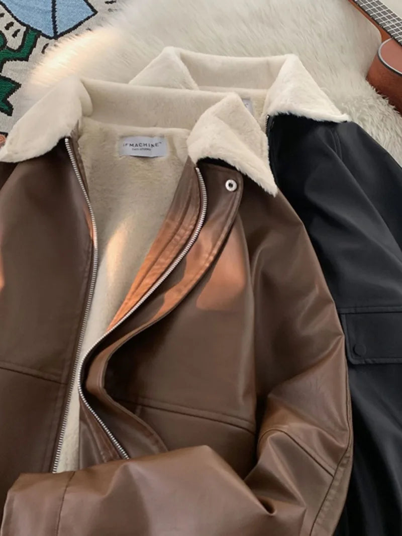 Y2K Fashion Lapel Leather Coat Cotton