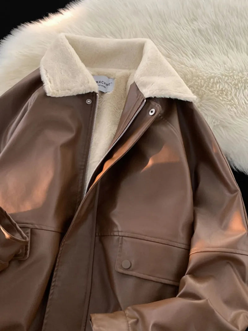 Y2K Fashion Lapel Leather Coat Cotton