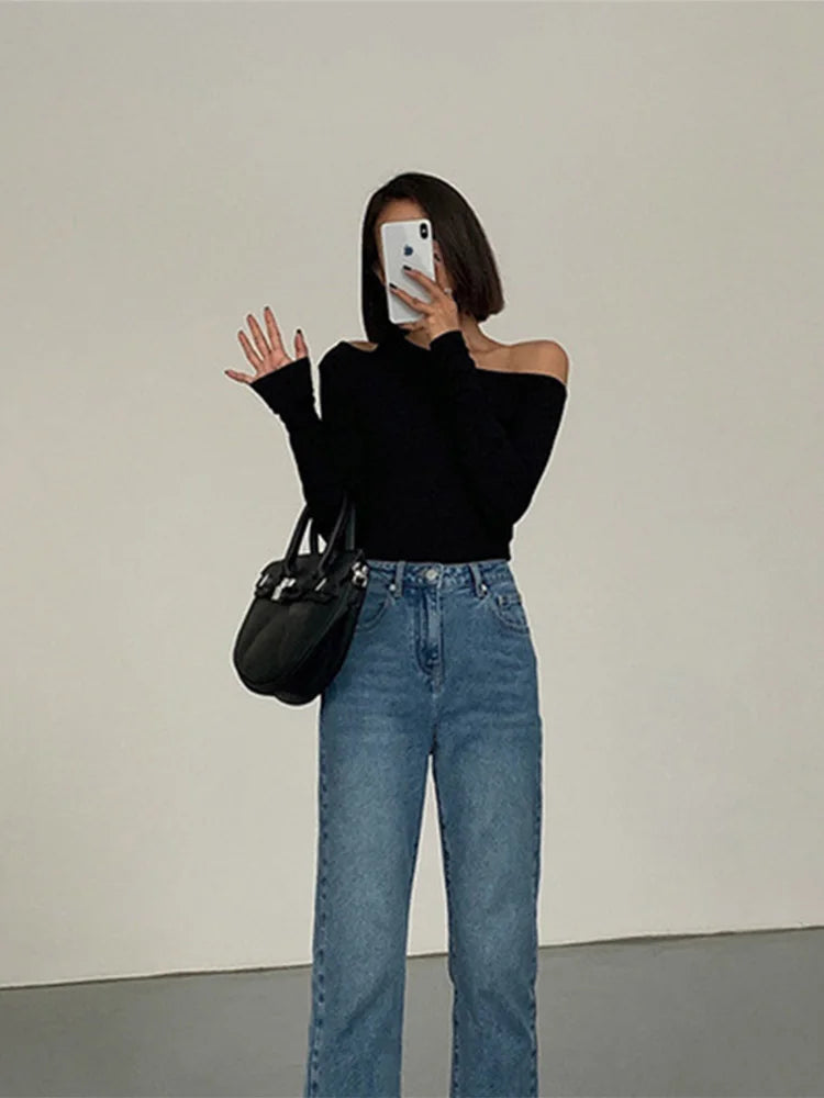 Fashion Skew Collar Off-shoulder Long-