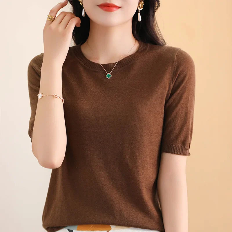Ladies Round Neck Worsted Thin T-shirt