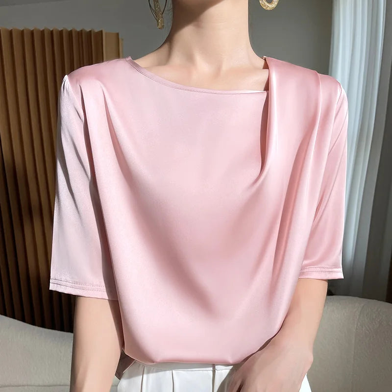 Spring Summer Female Silk T-shirts Half