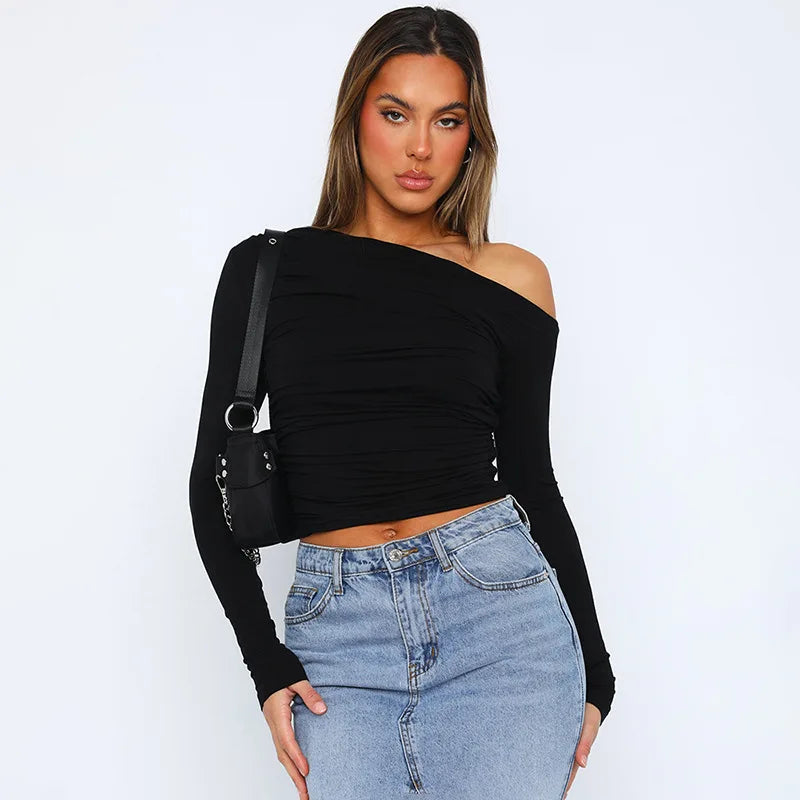 Oblique Shoulder Long Sleeve Pleated
