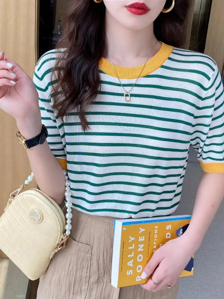 2025 Stripe Tops Women Knitted Round