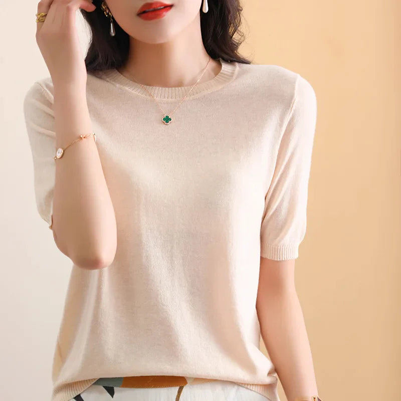 Ladies Round Neck Worsted Thin T-shirt