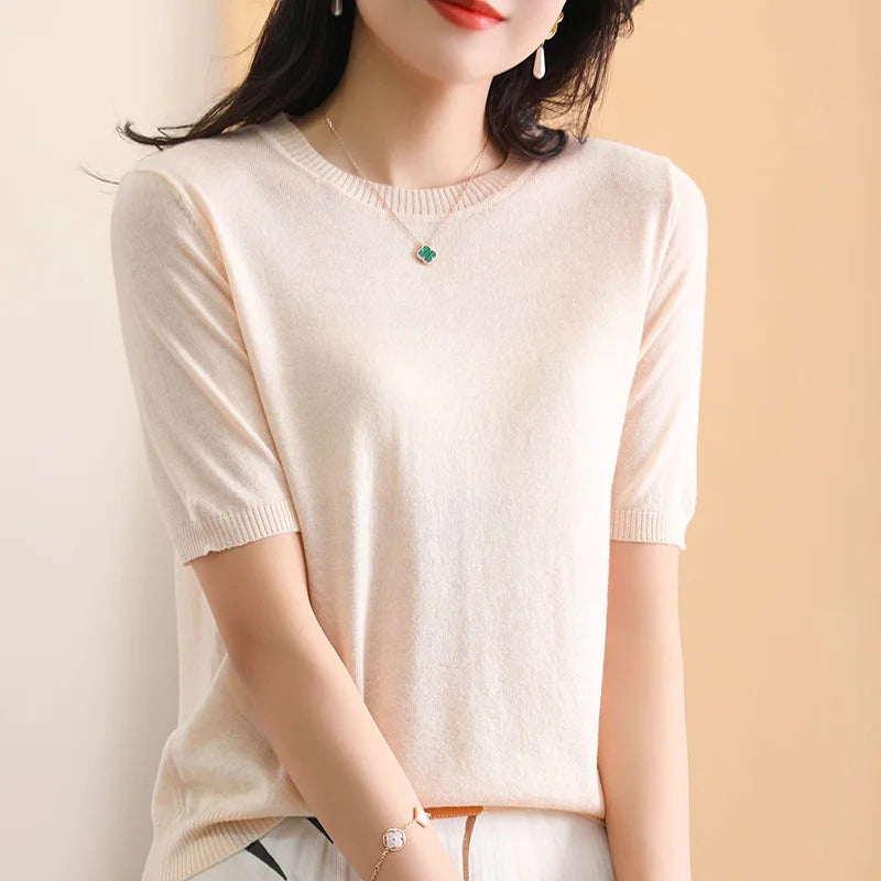 Ladies Round Neck Worsted Thin T-shirt