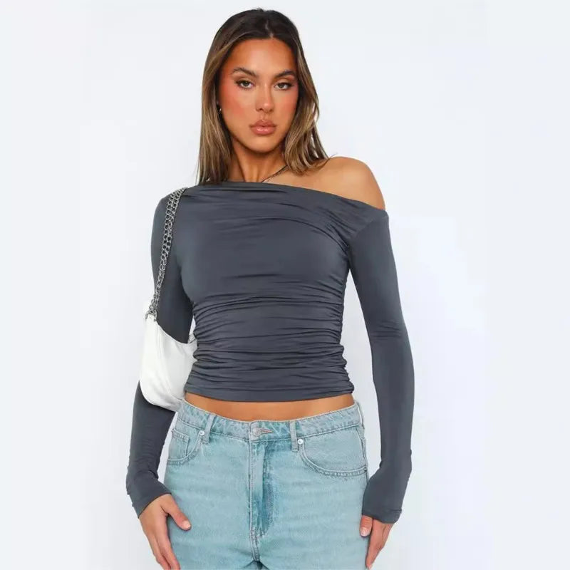 Oblique Shoulder Long Sleeve Pleated