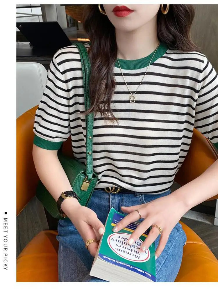 2025 Stripe Tops Women Knitted Round
