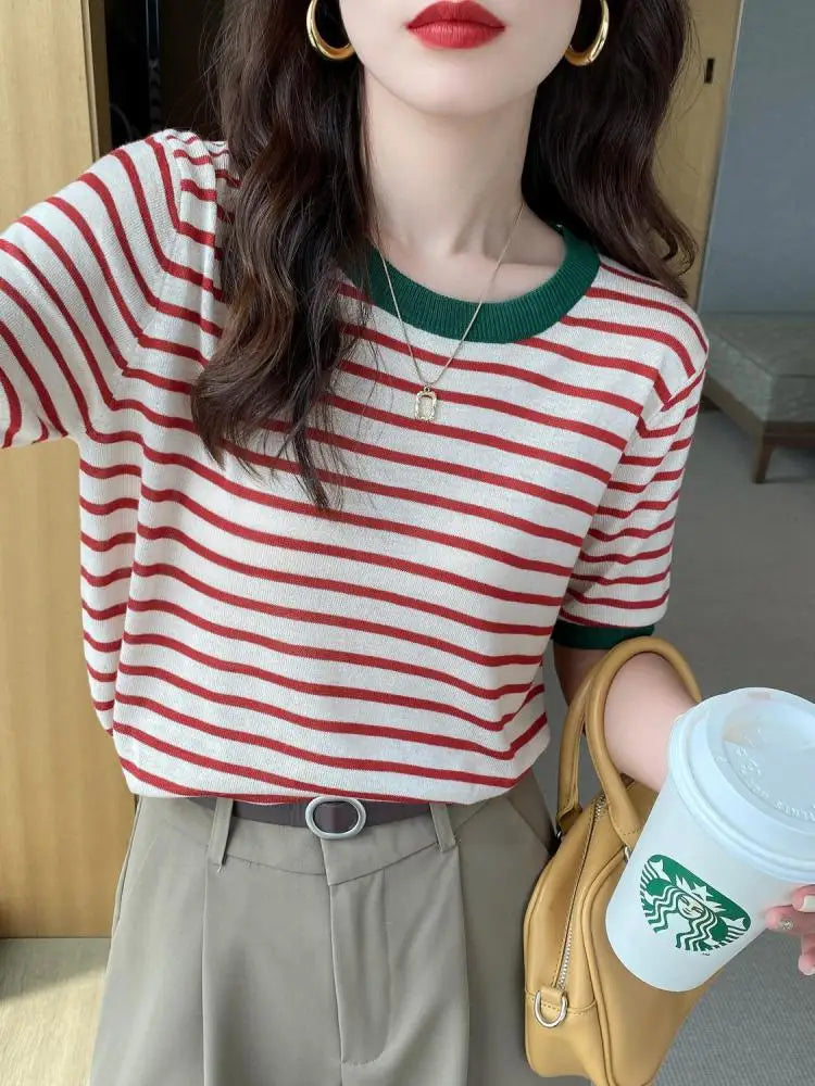 2025 Stripe Tops Women Knitted Round
