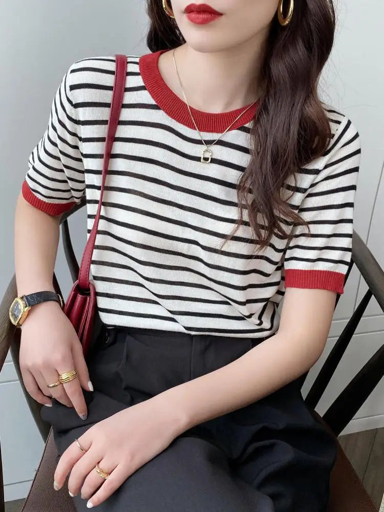 2025 Stripe Tops Women Knitted Round