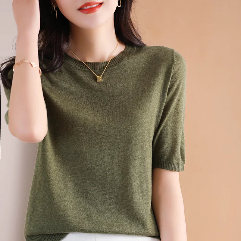 Ladies Round Neck Worsted Thin T-shirt