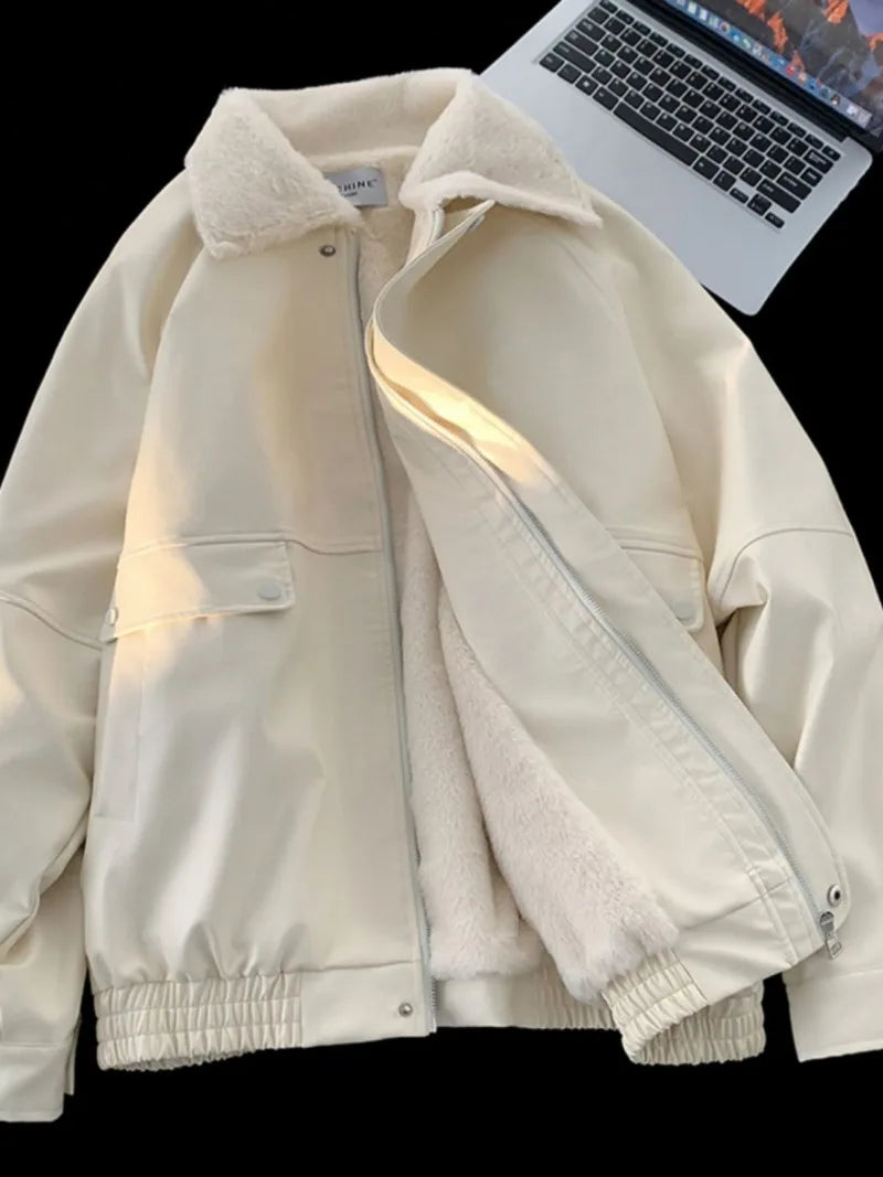 Y2K Fashion Lapel Leather Coat Cotton