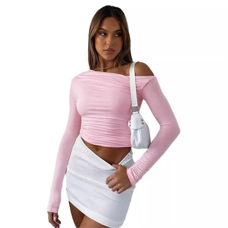 Oblique Shoulder Long Sleeve Pleated