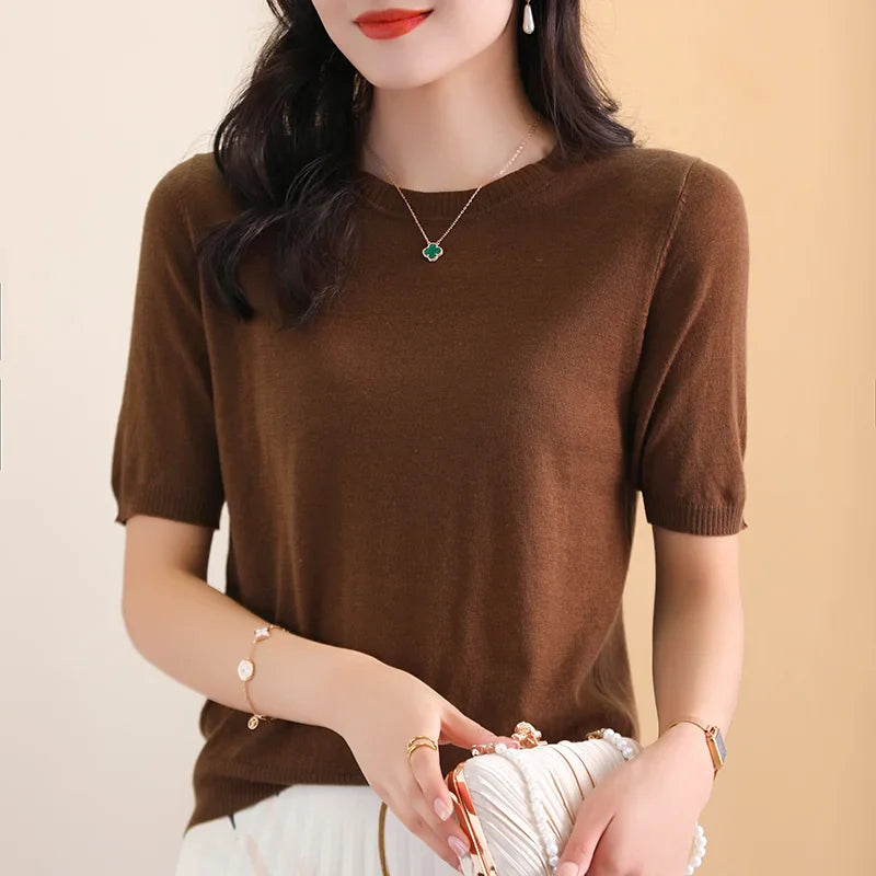Ladies Round Neck Worsted Thin T-shirt