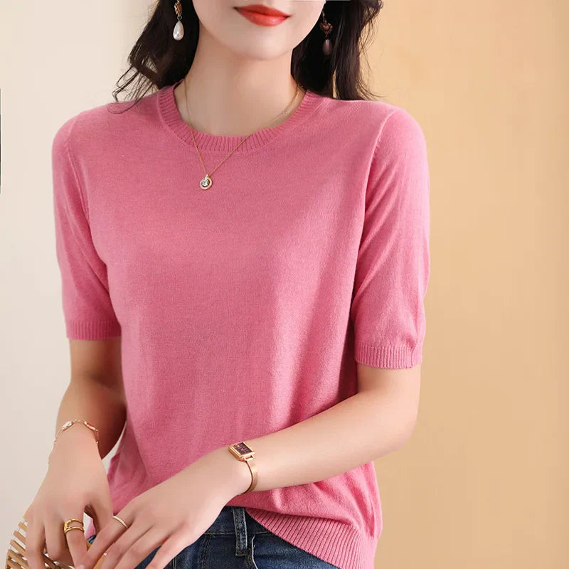 Ladies Round Neck Worsted Thin T-shirt