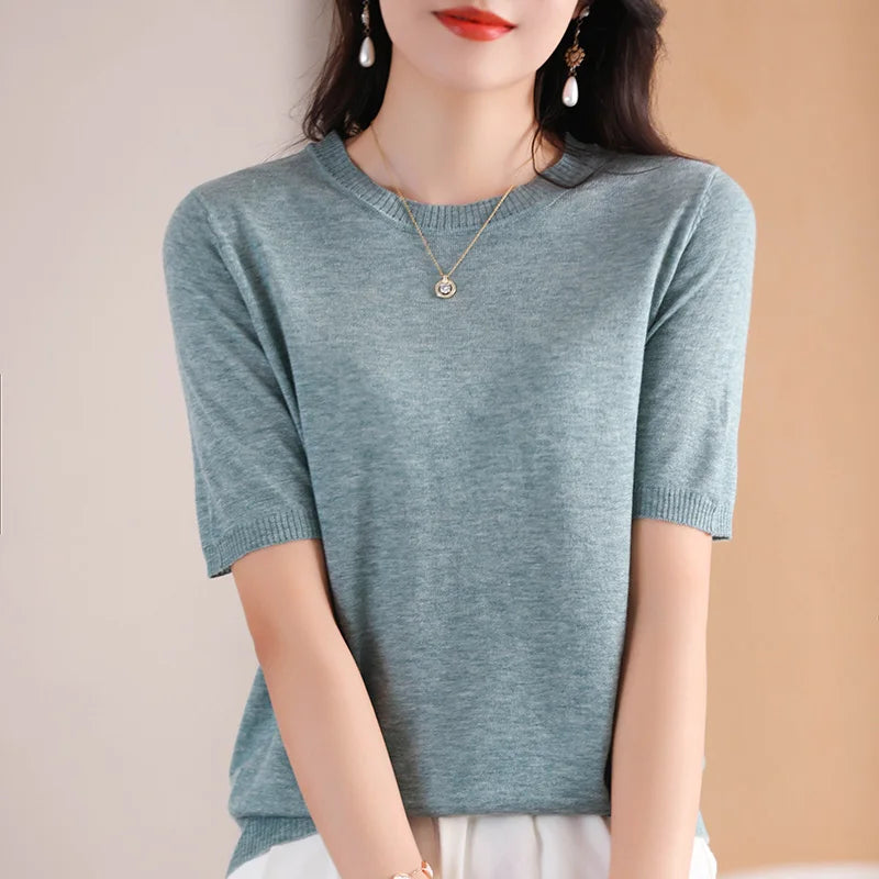 Ladies Round Neck Worsted Thin T-shirt