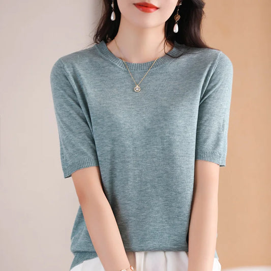 Ladies Round Neck Worsted Thin T-shirt