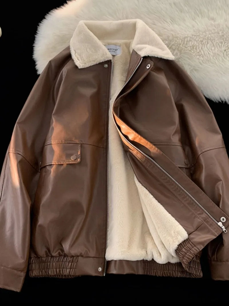 Y2K Fashion Lapel Leather Coat Cotton