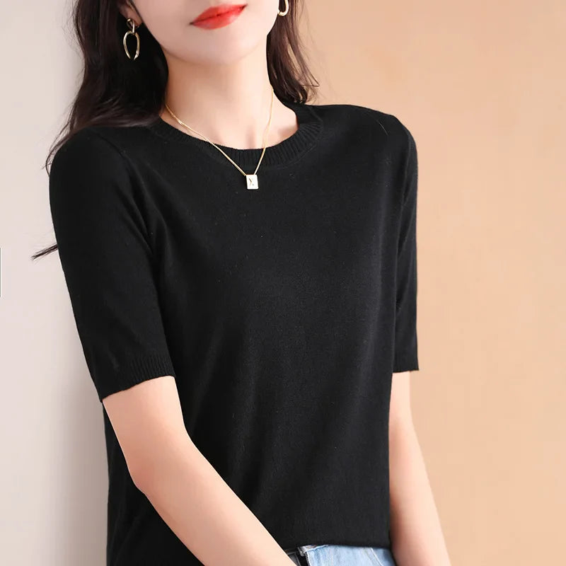 Ladies Round Neck Worsted Thin T-shirt