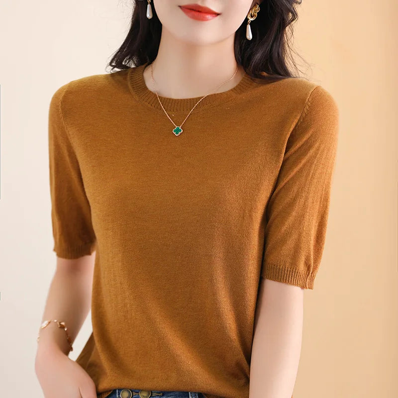 Ladies Round Neck Worsted Thin T-shirt