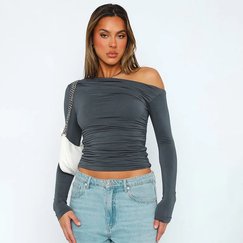 Oblique Shoulder Long Sleeve Pleated