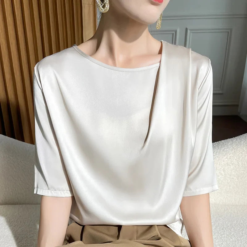 Spring Summer Female Silk T-shirts Half