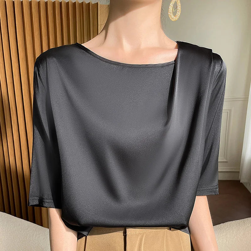 Spring Summer Female Silk T-shirts Half