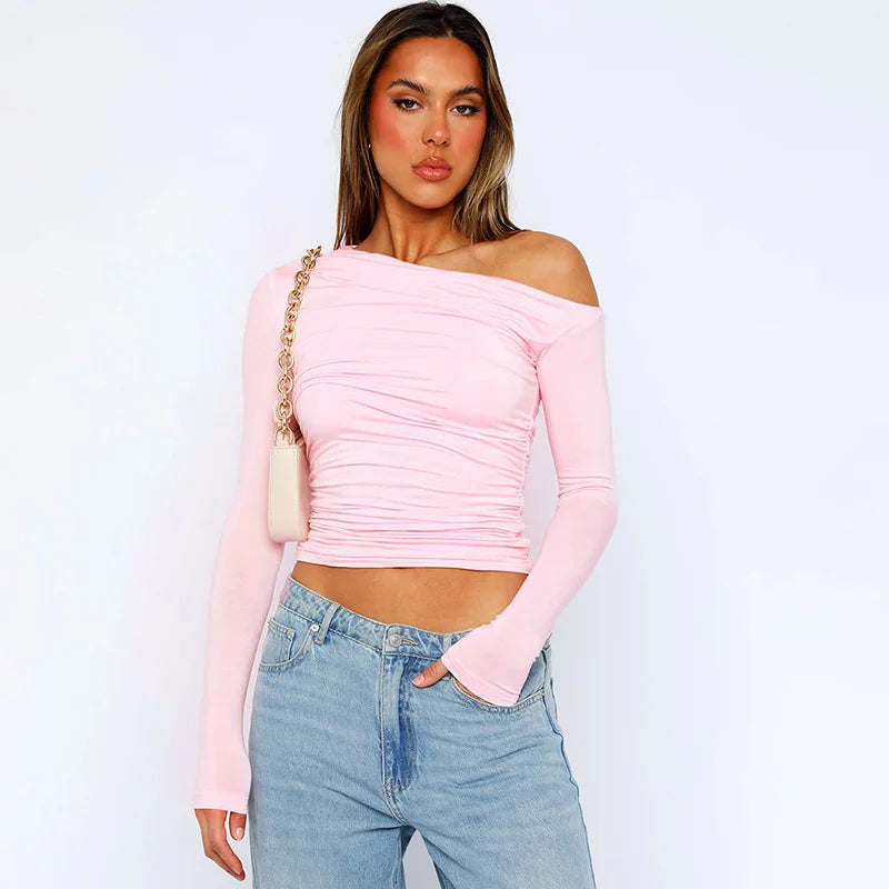 Oblique Shoulder Long Sleeve Pleated
