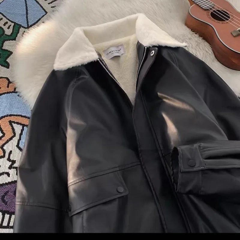 Y2K Fashion Lapel Leather Coat Cotton