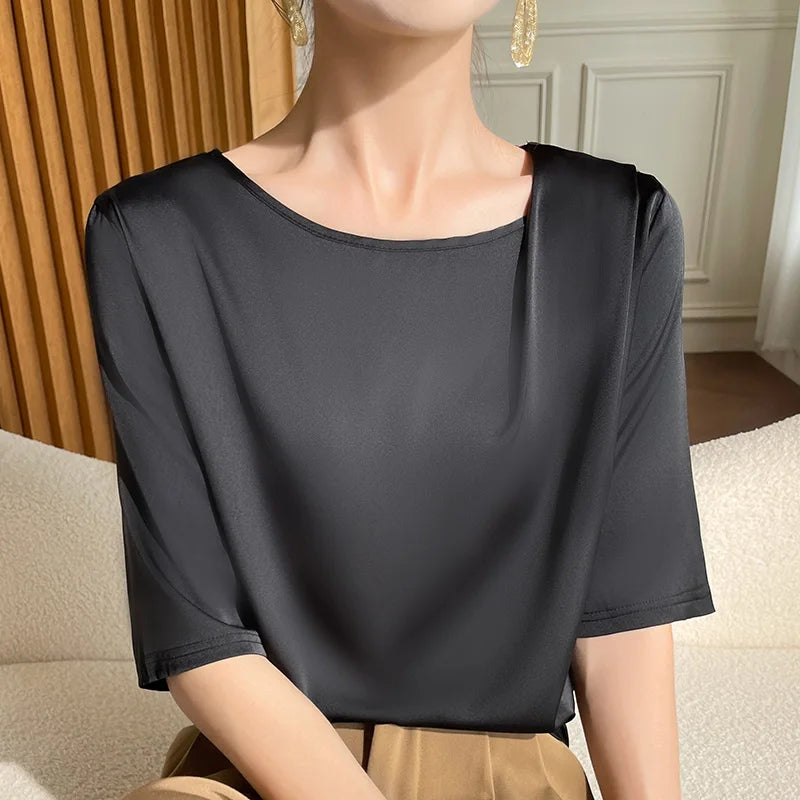 Spring Summer Female Silk T-shirts Half