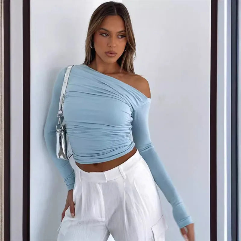 Oblique Shoulder Long Sleeve Pleated