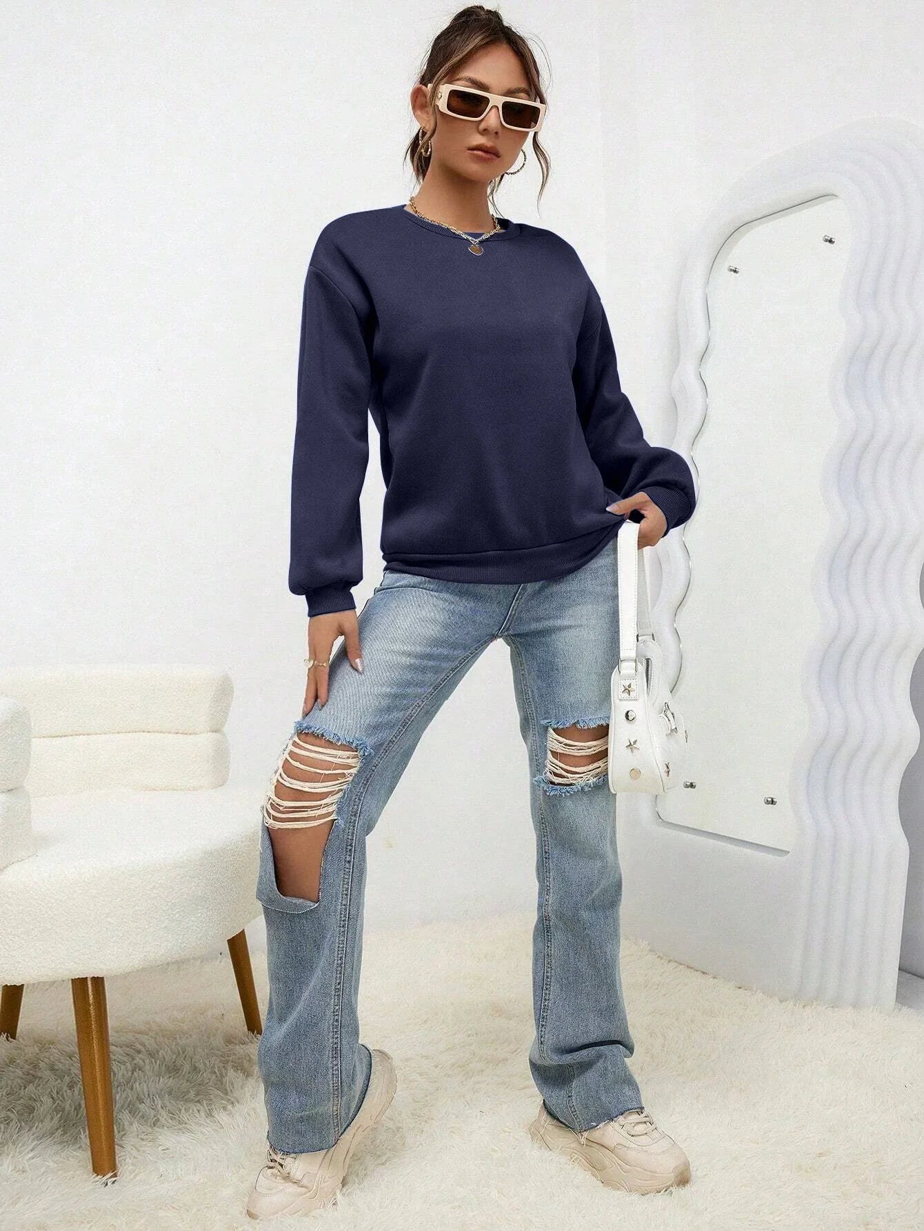 Woman Sweatshirt Casual Solid Color All
