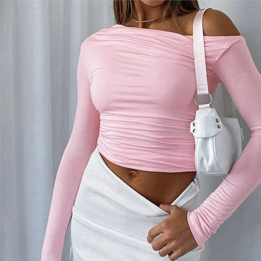 Oblique Shoulder Long Sleeve Pleated