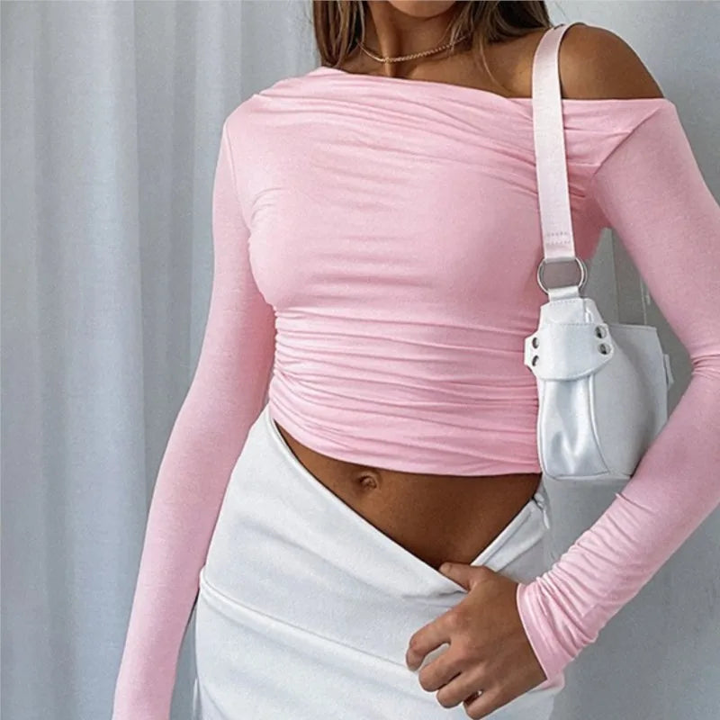 Oblique Shoulder Long Sleeve Pleated