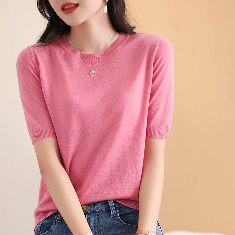 Ladies Round Neck Worsted Thin T-shirt