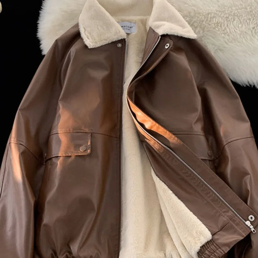 Y2K Fashion Lapel Leather Coat Cotton